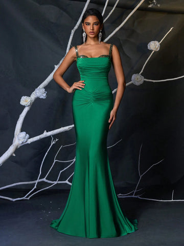 Elegant Gorgeous Luxurious Green Beads And Sequins Patchwork Stretch Knit Swimsuit Fabric Gathered Skinny Mermaid Tail Dress For Wedding Bachelorette Party Vacation Prom Dinner Dress Formal Event (Heavy Work Style)