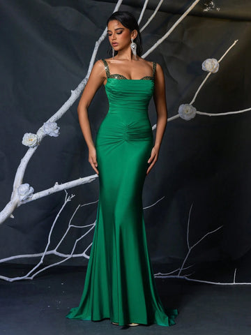 Elegant Gorgeous Luxurious Green Beads And Sequins Patchwork Stretch Knit Swimsuit Fabric Gathered Skinny Mermaid Tail Dress For Wedding Bachelorette Party Vacation Prom Dinner Dress Formal Event (Heavy Work Style)