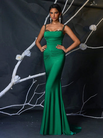 Elegant Gorgeous Luxurious Green Beads And Sequins Patchwork Stretch Knit Swimsuit Fabric Gathered Skinny Mermaid Tail Dress For Wedding Bachelorette Party Vacation Prom Dinner Dress Formal Event (Heavy Work Style)