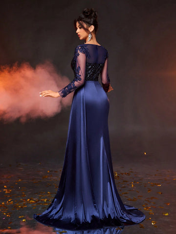 Elegant Gorgeous Luxurious Navy Blue V Neck Lace Embroidered Appliqué Sequin Sheer Long Sleeve Pleated Slit Mermaid Skirt Flare Hem Suitable Wedding Event Party Resort Prom Evening Dress (Premium Design)
