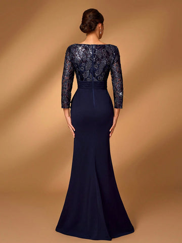 Elegant Gorgeous Navy Lace Blue Sheer Long Sleeve Luxurious Beads And Sequins Patchwork Stretch Knit Waist Ruffle Bow Design Mermaid Mermaid Train Suitable For Wedding Events Bachelorette Party Holiday Prom Mother Of The Bride Evening Gown