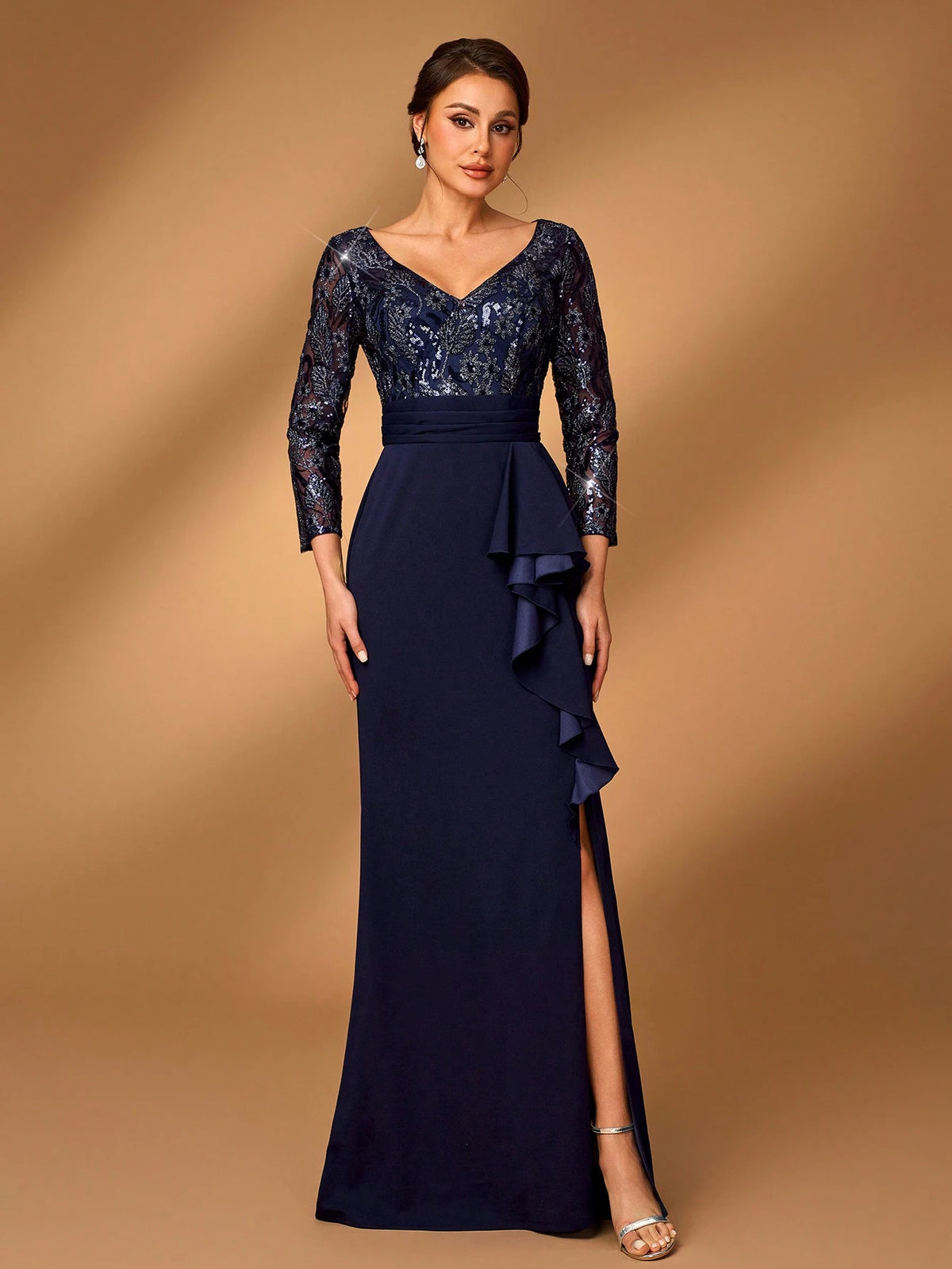Elegant Gorgeous Navy Lace Blue Sheer Long Sleeve Luxurious Beads And Sequins Patchwork Stretch Knit Waist Ruffle Bow Design Mermaid Mermaid Train Suitable For Wedding Events Bachelorette Party Holiday Prom Mother Of The Bride Evening Gown