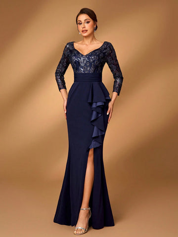 Elegant Gorgeous Navy Lace Blue Sheer Long Sleeve Luxurious Beads And Sequins Patchwork Stretch Knit Waist Ruffle Bow Design Mermaid Mermaid Train Suitable For Wedding Events Bachelorette Party Holiday Prom Mother Of The Bride Evening Gown