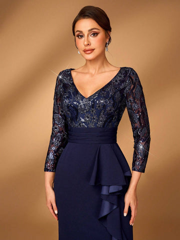 Elegant Gorgeous Navy Lace Blue Sheer Long Sleeve Luxurious Beads And Sequins Patchwork Stretch Knit Waist Ruffle Bow Design Mermaid Mermaid Train Suitable For Wedding Events Bachelorette Party Holiday Prom Mother Of The Bride Evening Gown