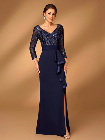 Elegant Gorgeous Navy Lace Blue Sheer Long Sleeve Luxurious Beads And Sequins Patchwork Stretch Knit Waist Ruffle Bow Design Mermaid Mermaid Train Suitable For Wedding Events Bachelorette Party Holiday Prom Mother Of The Bride Evening Gown