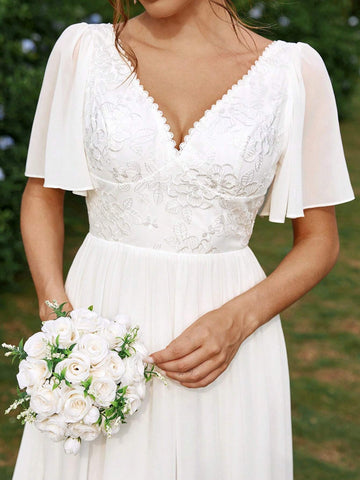 Elegant, Gorgeous, Romantic And Cute, White Sun Pleated Ruffle Sleeves, Lace Splicing  Vacations, Graduation Season, Lawn Weddings, Oversized A-Line Floor-Length Wedding Dresses.