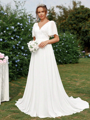 Elegant, Gorgeous, Romantic And Cute, White Sun Pleated Ruffle Sleeves, Lace Splicing  Vacations, Graduation Season, Lawn Weddings, Oversized A-Line Floor-Length Wedding Dresses.