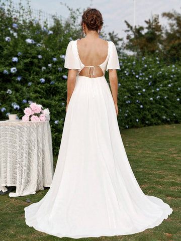 Elegant, Gorgeous, Romantic And Cute, White Sun Pleated Ruffle Sleeves, Lace Splicing  Vacations, Graduation Season, Lawn Weddings, Oversized A-Line Floor-Length Wedding Dresses.