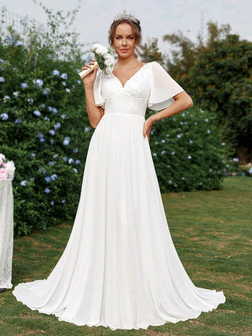 Elegant, Gorgeous, Romantic And Cute, White Sun Pleated Ruffle Sleeves, Lace Splicing  Vacations, Graduation Season, Lawn Weddings, Oversized A-Line Floor-Length Wedding Dresses.