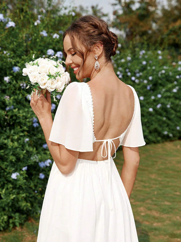 Elegant, Gorgeous, Romantic And Cute, White Sun Pleated Ruffle Sleeves, Lace Splicing  Vacations, Graduation Season, Lawn Weddings, Oversized A-Line Floor-Length Wedding Dresses.