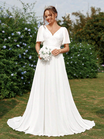 Elegant, Gorgeous, Romantic And Cute, White Sun Pleated Ruffle Sleeves, Lace Splicing  Vacations, Graduation Season, Lawn Weddings, Oversized A-Line Floor-Length Wedding Dresses.