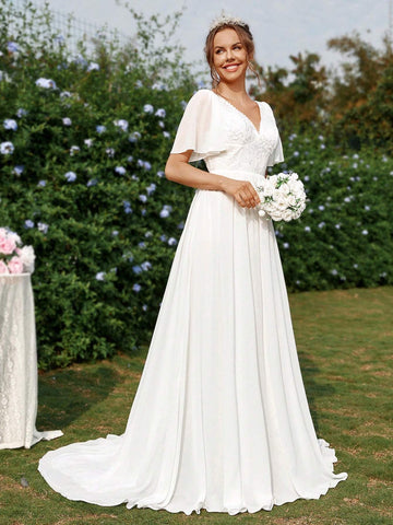 Elegant, Gorgeous, Romantic And Cute, White Sun Pleated Ruffle Sleeves, Lace Splicing  Vacations, Graduation Season, Lawn Weddings, Oversized A-Line Floor-Length Wedding Dresses.