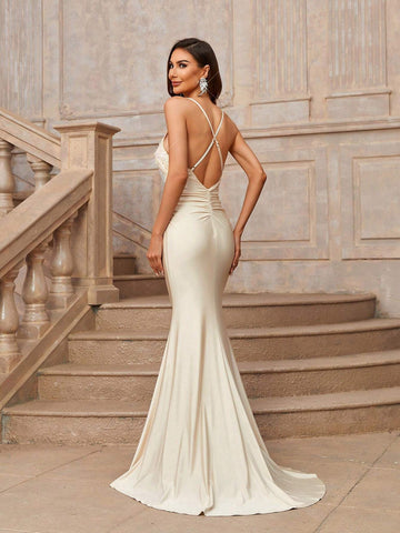 Elegant, Gorgeous, Romantic And Sexy Spaghetti Straps, Lace Three-Dimensional Flower Splicing, Elastic Knitted Fabric, Tight Fishtail Hem, Suitable For Weddings, Holiday Parties, Women's Heavy Evening Gowns