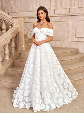 Elegant, Gorgeous, Romantic White Off-Shoulder Decoration Bodycon Court Train Jacquard Satin Wedding Dress With High Waist, A-Line Silhouette And Floor-Length Hem