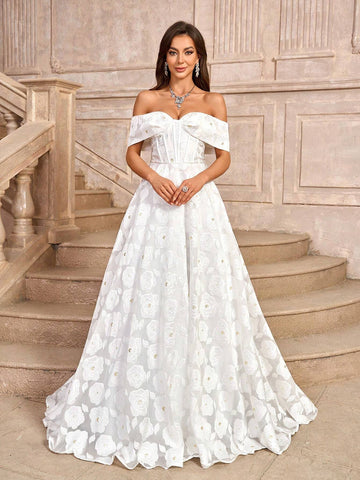 Elegant, Gorgeous, Romantic White Off-Shoulder Decoration Bodycon Court Train Jacquard Satin Wedding Dress With High Waist, A-Line Silhouette And Floor-Length Hem