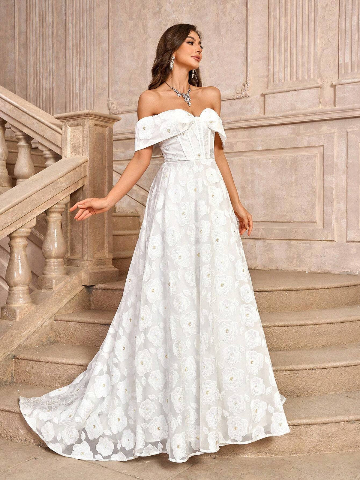 Elegant, Gorgeous, Romantic White Off-Shoulder Decoration Bodycon Court Train Jacquard Satin Wedding Dress With High Waist, A-Line Silhouette And Floor-Length Hem