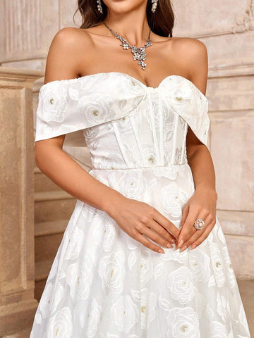 Elegant, Gorgeous, Romantic White Off-Shoulder Decoration Bodycon Court Train Jacquard Satin Wedding Dress With High Waist, A-Line Silhouette And Floor-Length Hem