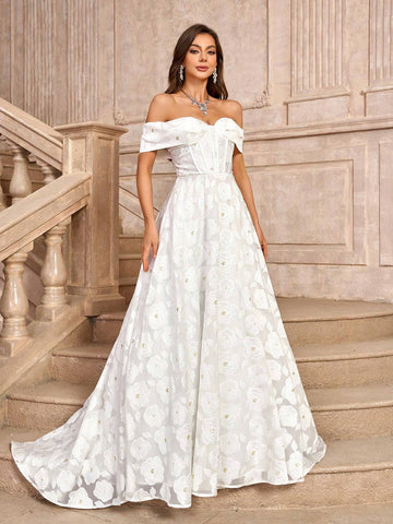 Elegant, Gorgeous, Romantic White Off-Shoulder Decoration Bodycon Court Train Jacquard Satin Wedding Dress With High Waist, A-Line Silhouette And Floor-Length Hem