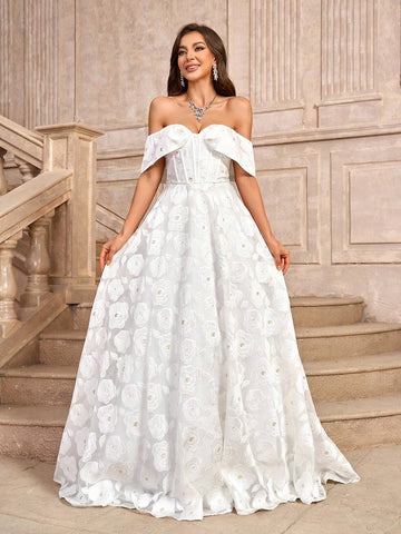 Elegant, Gorgeous, Romantic White Off-Shoulder Decoration Bodycon Court Train Jacquard Satin Wedding Dress With High Waist, A-Line Silhouette And Floor-Length Hem