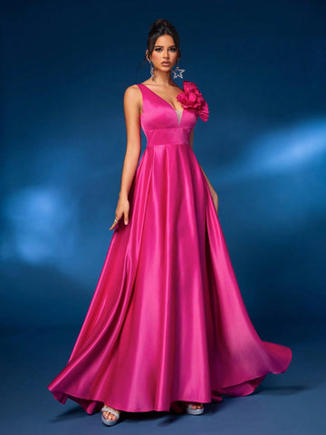 Elegant Gorgeous Rose Red Textured Satin Push Up V Neck 3D Floral Embellished Design Oversized A Line Skirt Dress For Wedding Events Bachelorette Party Graduation Season Holiday Prom Formal Occasion Evening Dress