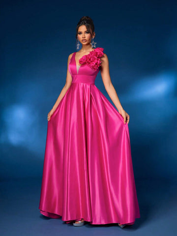 Elegant Gorgeous Rose Red Textured Satin Push Up V Neck 3D Floral Embellished Design Oversized A Line Skirt Dress For Wedding Events Bachelorette Party Graduation Season Holiday Prom Formal Occasion Evening Dress