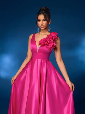 Elegant Gorgeous Rose Red Textured Satin Push Up V Neck 3D Floral Embellished Design Oversized A Line Skirt Dress For Wedding Events Bachelorette Party Graduation Season Holiday Prom Formal Occasion Evening Dress