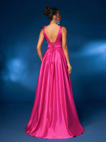 Elegant Gorgeous Rose Red Textured Satin Push Up V Neck 3D Floral Embellished Design Oversized A Line Skirt Dress For Wedding Events Bachelorette Party Graduation Season Holiday Prom Formal Occasion Evening Dress