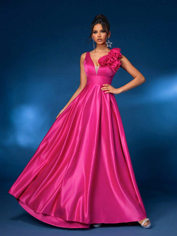 Elegant Gorgeous Rose Red Textured Satin Push Up V Neck 3D Floral Embellished Design Oversized A Line Skirt Dress For Wedding Events Bachelorette Party Graduation Season Holiday Prom Formal Occasion Evening Dress