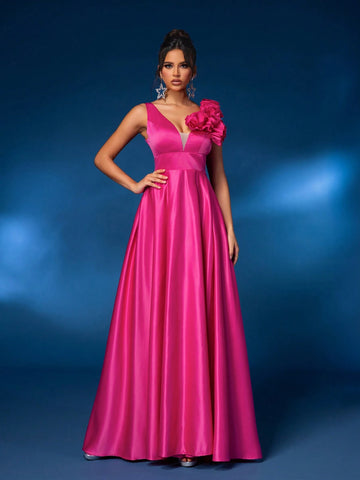 Elegant Gorgeous Rose Red Textured Satin Push Up V Neck 3D Floral Embellished Design Oversized A Line Skirt Dress For Wedding Events Bachelorette Party Graduation Season Holiday Prom Formal Occasion Evening Dress