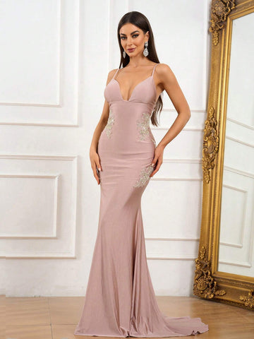 Elegant, Gorgeous, Sexy, Sophisticated And Fashionable Woman,Gold Embroidery Decoration, Large Open Back, High Waist And Tight Hip Wrap, Fishtail Hem, Extra Long Floor Length, Formal Prom Dinner Dress