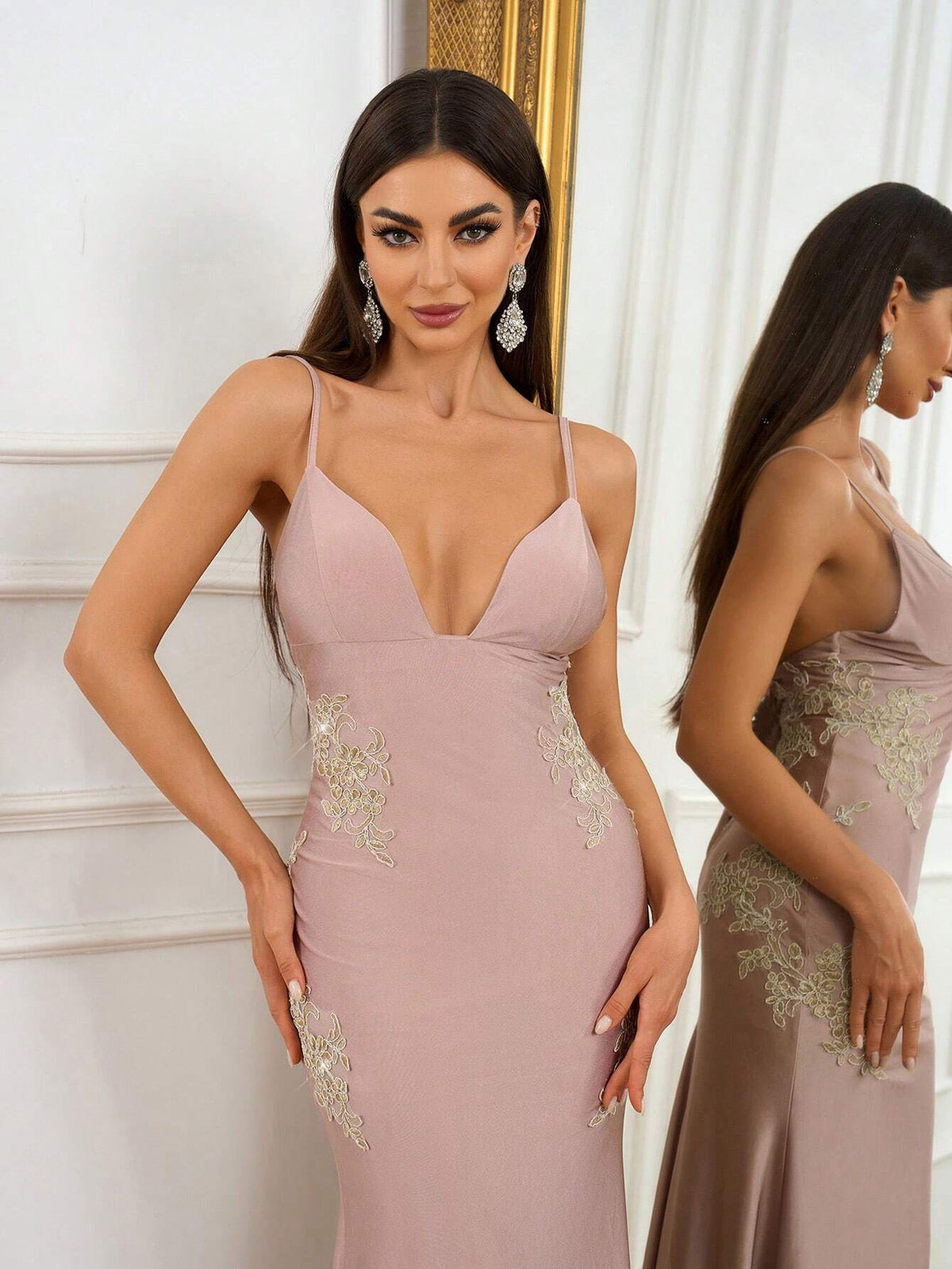 Elegant, Gorgeous, Sexy, Sophisticated And Fashionable Woman,Gold Embroidery Decoration, Large Open Back, High Waist And Tight Hip Wrap, Fishtail Hem, Extra Long Floor Length, Formal Prom Dinner Dress