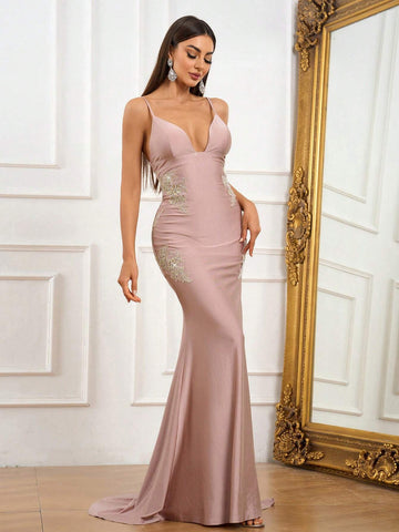 Elegant, Gorgeous, Sexy, Sophisticated And Fashionable Woman,Gold Embroidery Decoration, Large Open Back, High Waist And Tight Hip Wrap, Fishtail Hem, Extra Long Floor Length, Formal Prom Dinner Dress