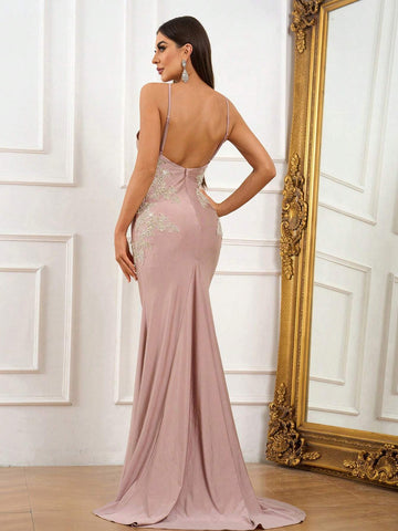 Elegant, Gorgeous, Sexy, Sophisticated And Fashionable Woman,Gold Embroidery Decoration, Large Open Back, High Waist And Tight Hip Wrap, Fishtail Hem, Extra Long Floor Length, Formal Prom Dinner Dress