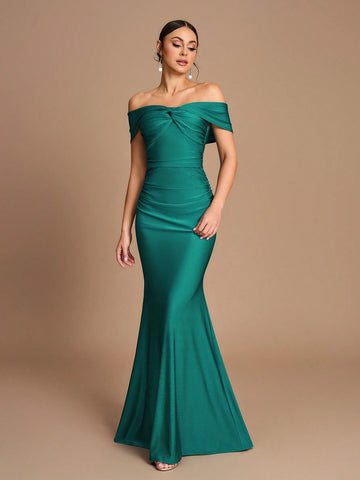 Elegant Gorgeous Shiny Off Shoulder One Shoulder Stretch Knit Swimsuit Fabric Pleated Slim Fit Mermaid Dress For Wedding, Party, Festival, Bridesmaid Dress