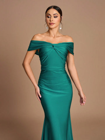 Elegant Gorgeous Shiny Off Shoulder One Shoulder Stretch Knit Swimsuit Fabric Pleated Slim Fit Mermaid Dress For Wedding, Party, Festival, Bridesmaid Dress
