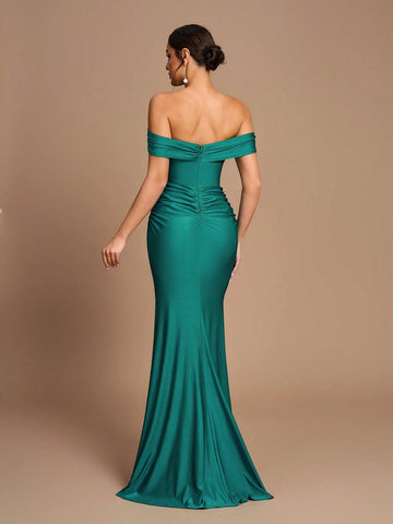 Elegant Gorgeous Shiny Off Shoulder One Shoulder Stretch Knit Swimsuit Fabric Pleated Slim Fit Mermaid Dress For Wedding, Party, Festival, Bridesmaid Dress