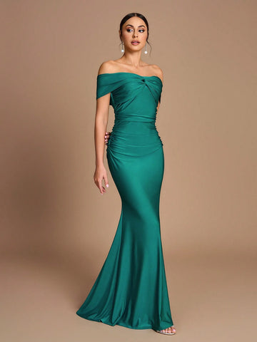 Elegant Gorgeous Shiny Off Shoulder One Shoulder Stretch Knit Swimsuit Fabric Pleated Slim Fit Mermaid Dress For Wedding, Party, Festival, Bridesmaid Dress