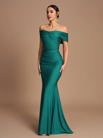 Elegant Gorgeous Shiny Off Shoulder One Shoulder Stretch Knit Swimsuit Fabric Pleated Slim Fit Mermaid Dress For Wedding, Party, Festival, Bridesmaid Dress