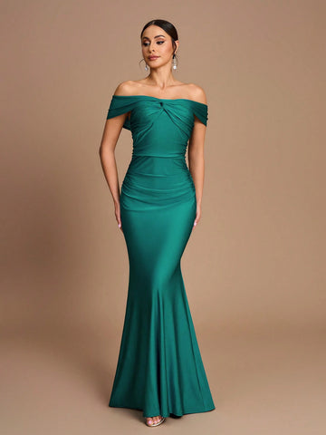 Elegant Gorgeous Shiny Off Shoulder One Shoulder Stretch Knit Swimsuit Fabric Pleated Slim Fit Mermaid Dress For Wedding, Party, Festival, Bridesmaid Dress