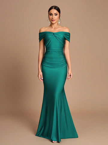 Elegant Gorgeous Shiny Off Shoulder One Shoulder Stretch Knit Swimsuit Fabric Pleated Slim Fit Mermaid Dress For Wedding, Party, Festival, Bridesmaid Dress