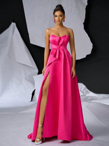 Elegant, Gorgeous, Simple, Bright Pink Glossy Satin Tube Top Dress, Small V-Neck,Back To School, Bachelor Party, Prom, Wedding Event, Heavy Industry Dinner, Etc. Evening Dress