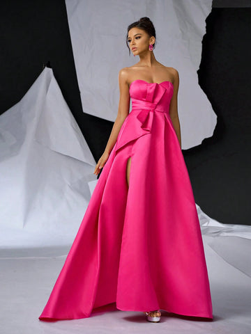 Elegant, Gorgeous, Simple, Bright Pink Glossy Satin Tube Top Dress, Small V-Neck,Back To School, Bachelor Party, Prom, Wedding Event, Heavy Industry Dinner, Etc. Evening Dress