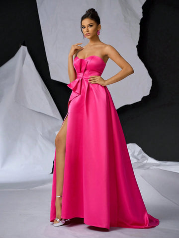 Elegant, Gorgeous, Simple, Bright Pink Glossy Satin Tube Top Dress, Small V-Neck,Back To School, Bachelor Party, Prom, Wedding Event, Heavy Industry Dinner, Etc. Evening Dress