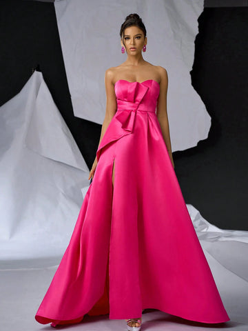 Elegant, Gorgeous, Simple, Bright Pink Glossy Satin Tube Top Dress, Small V-Neck,Back To School, Bachelor Party, Prom, Wedding Event, Heavy Industry Dinner, Etc. Evening Dress