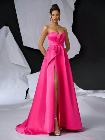 Elegant, Gorgeous, Simple, Bright Pink Glossy Satin Tube Top Dress, Small V-Neck,Back To School, Bachelor Party, Prom, Wedding Event, Heavy Industry Dinner, Etc. Evening Dress