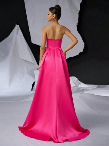 Elegant, Gorgeous, Simple, Bright Pink Glossy Satin Tube Top Dress, Small V-Neck,Back To School, Bachelor Party, Prom, Wedding Event, Heavy Industry Dinner, Etc. Evening Dress