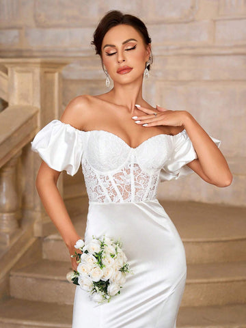 Elegant, Gorgeous, White Sexy Off-Shoulder Lace Wedding Dress, Dropped Shoulder Herringbone And Lace Decoration, Extra Long Train Wedding Dress For Wedding Prom Party