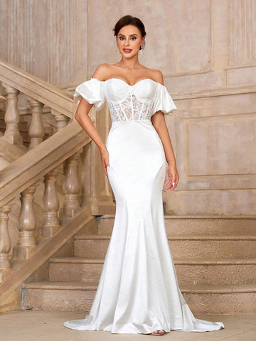 Elegant, Gorgeous, White Sexy Off-Shoulder Lace Wedding Dress, Dropped Shoulder Herringbone And Lace Decoration, Extra Long Train Wedding Dress For Wedding Prom Party