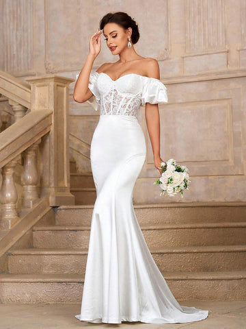 Elegant, Gorgeous, White Sexy Off-Shoulder Lace Wedding Dress, Dropped Shoulder Herringbone And Lace Decoration, Extra Long Train Wedding Dress For Wedding Prom Party