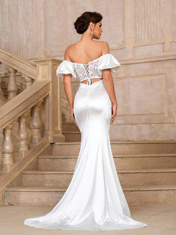 Elegant, Gorgeous, White Sexy Off-Shoulder Lace Wedding Dress, Dropped Shoulder Herringbone And Lace Decoration, Extra Long Train Wedding Dress For Wedding Prom Party